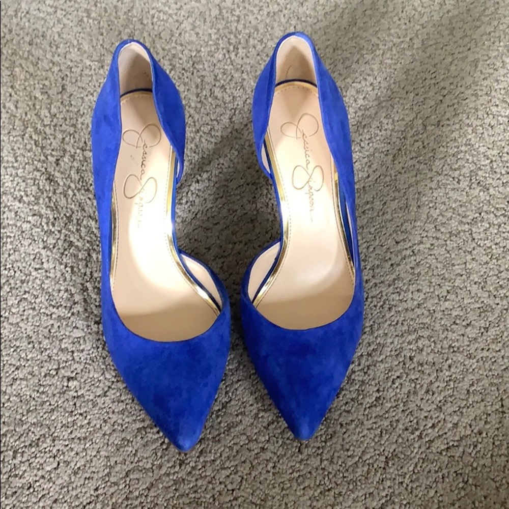 Cobalt blue suede half d’Orsay pump